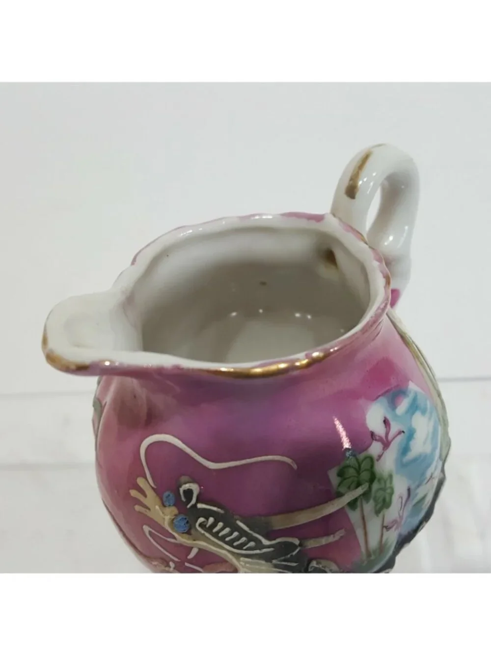Mini Porcelain Hand-Painted Raised Dragon Creamer Lucky China 4” Tall Pink Gold
